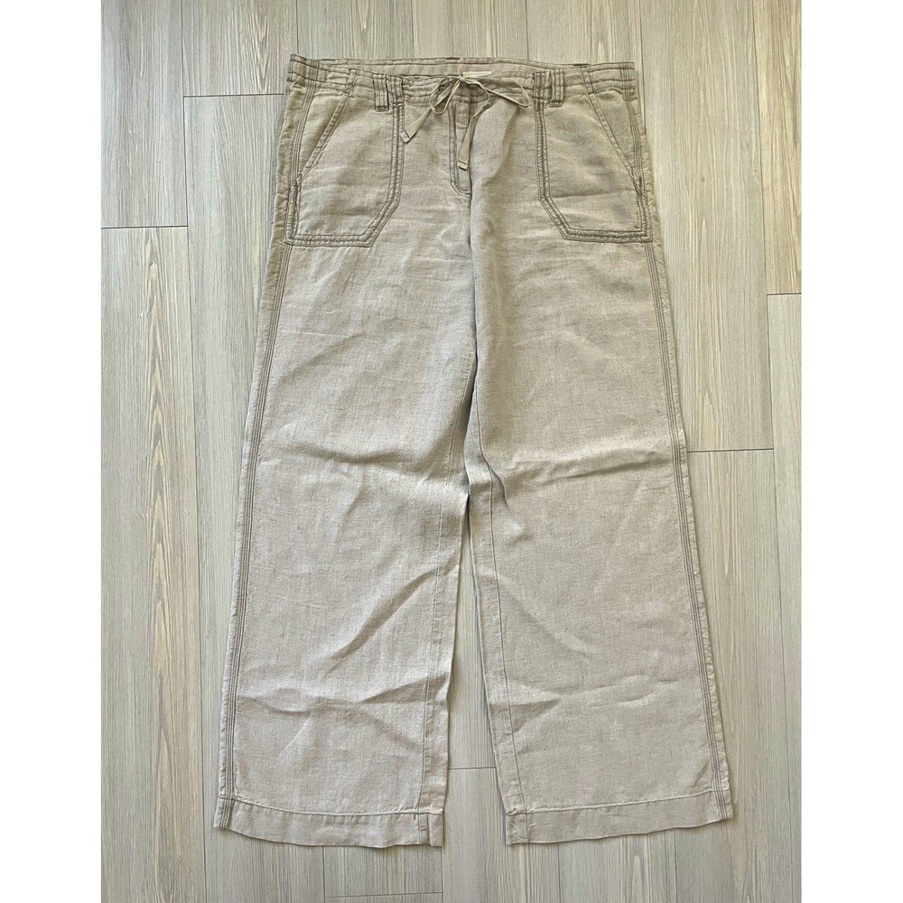 J. Jill Women's Beige Linen Woven Drawstring Wide-Leg Pants Pockets Size 12